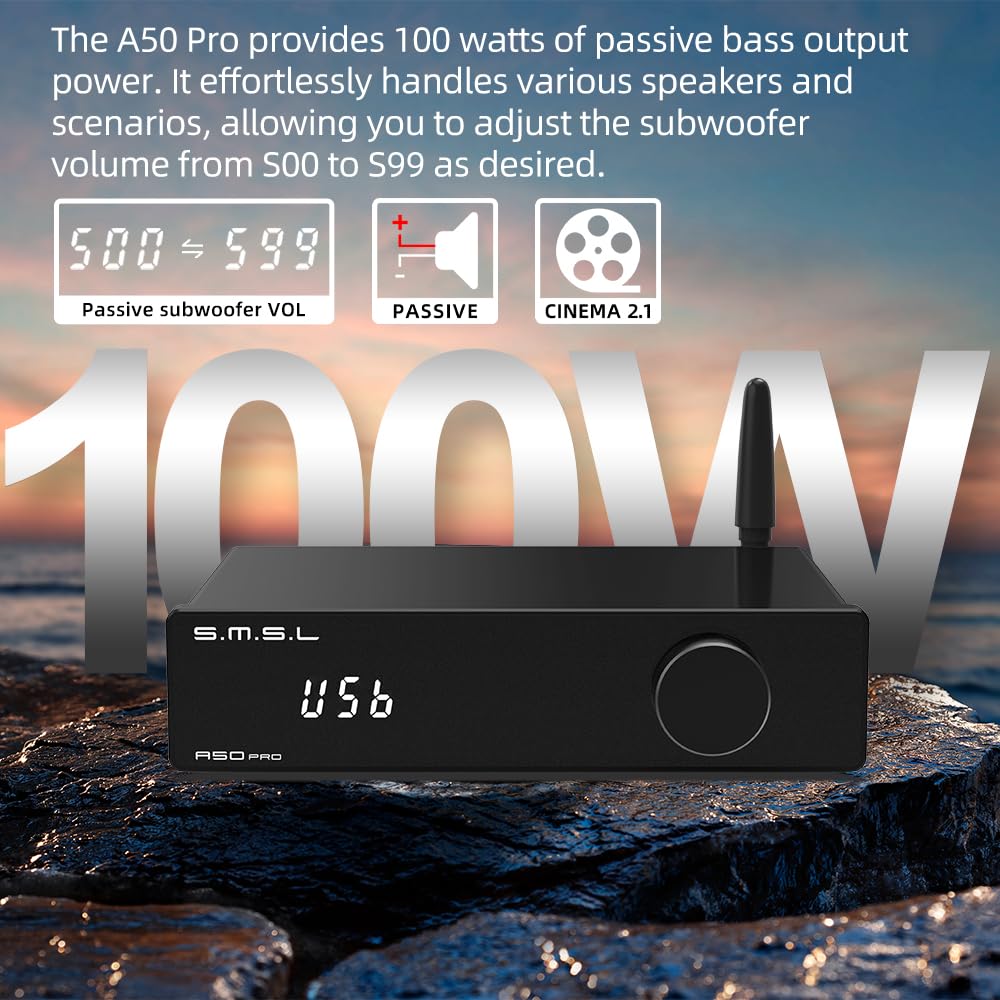 S.M.S.L A50 Pro passive subwoofer output delivers impactful bass for 2.1 setups.