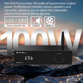 S.M.S.L A50 Pro passive subwoofer output delivers impactful bass for 2.1 setups.