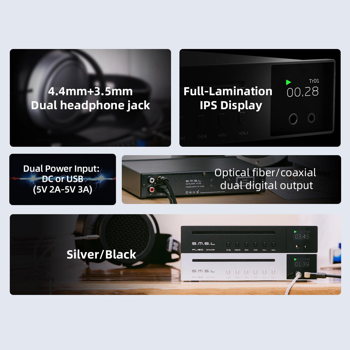 SMSL PL150 back outputs show optical and coaxial connections.