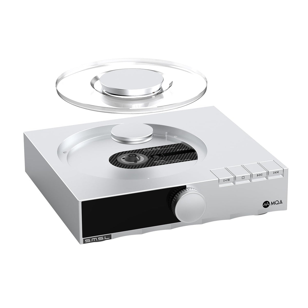 SMSL PL200T transparent CD cover protecting discs while you monitor playback.