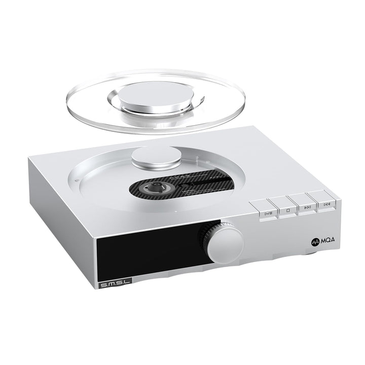 SMSL PL200T transparent CD cover protecting discs while you monitor playback.