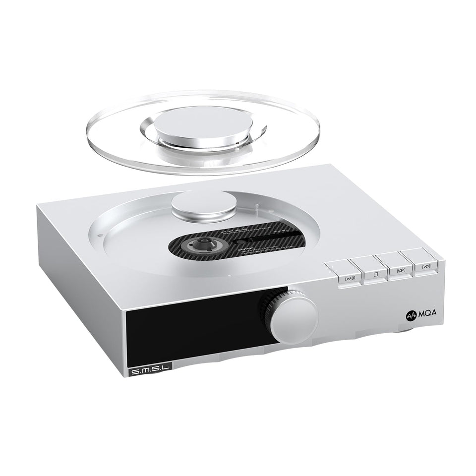 SMSL PL200T transparent CD cover protecting discs while you monitor playback.