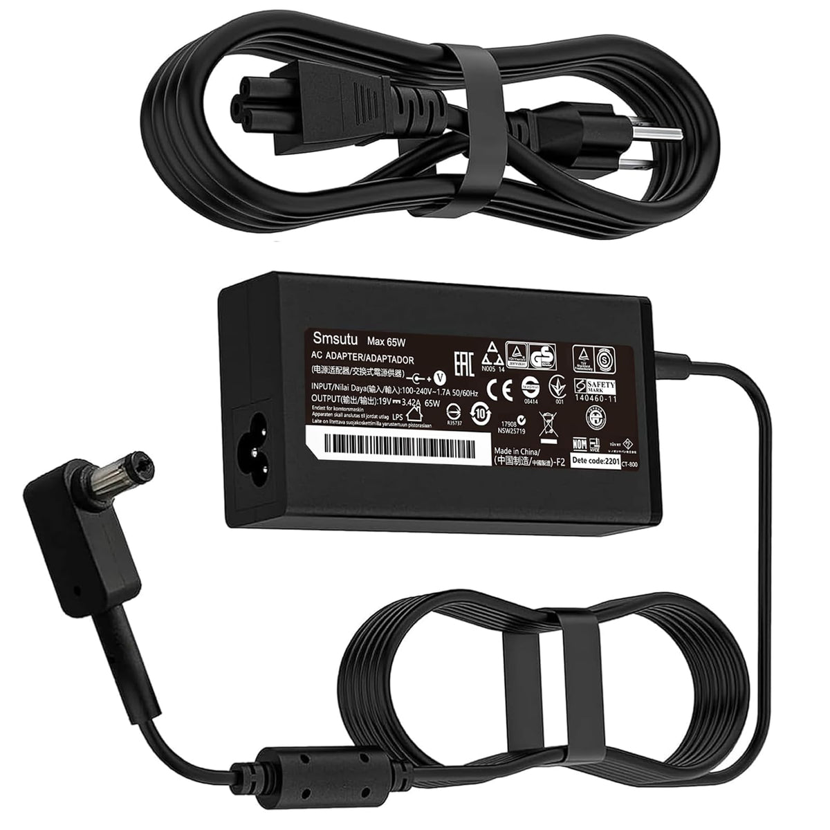 Smsutu N19C3 charger close-up showing 65W output and barrel tip