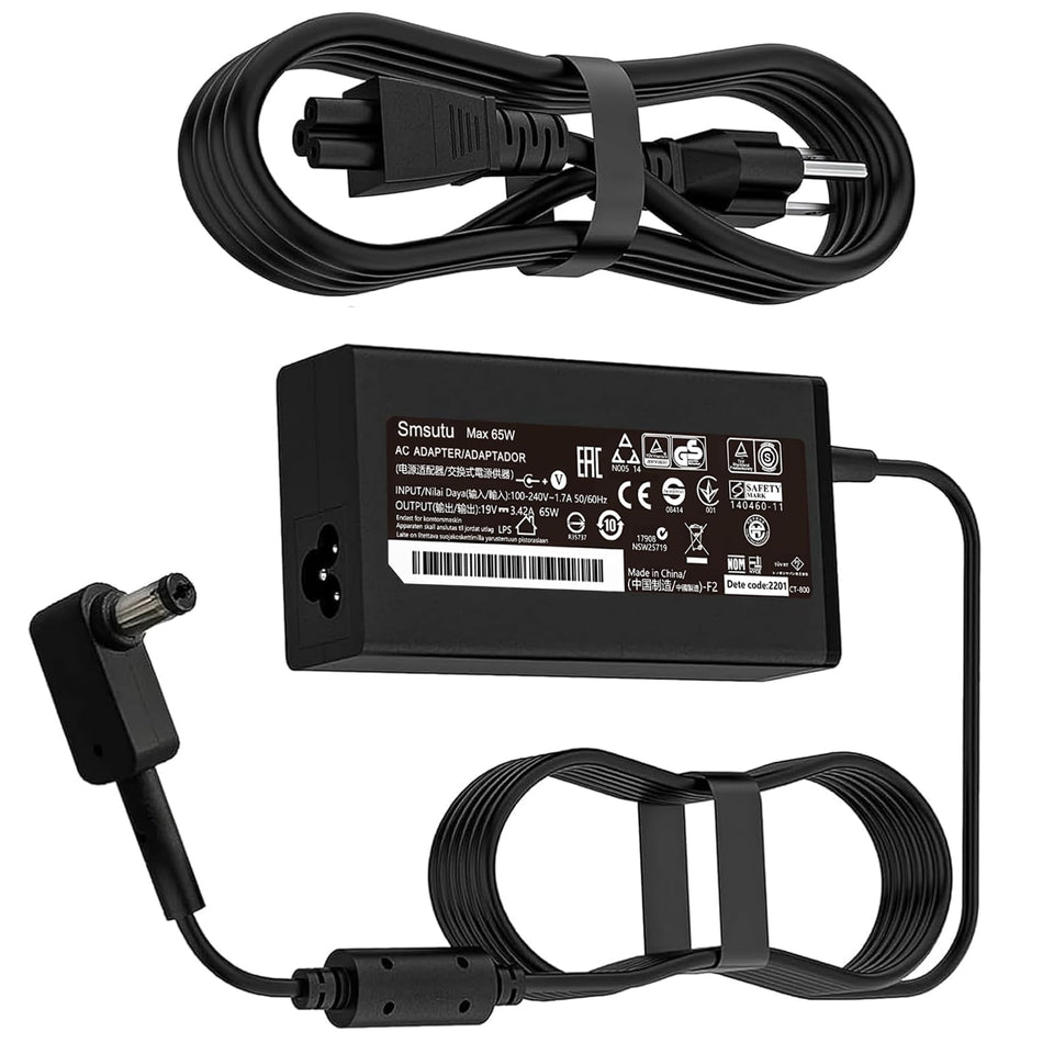 Smsutu N19C3 charger close-up showing 65W output and barrel tip