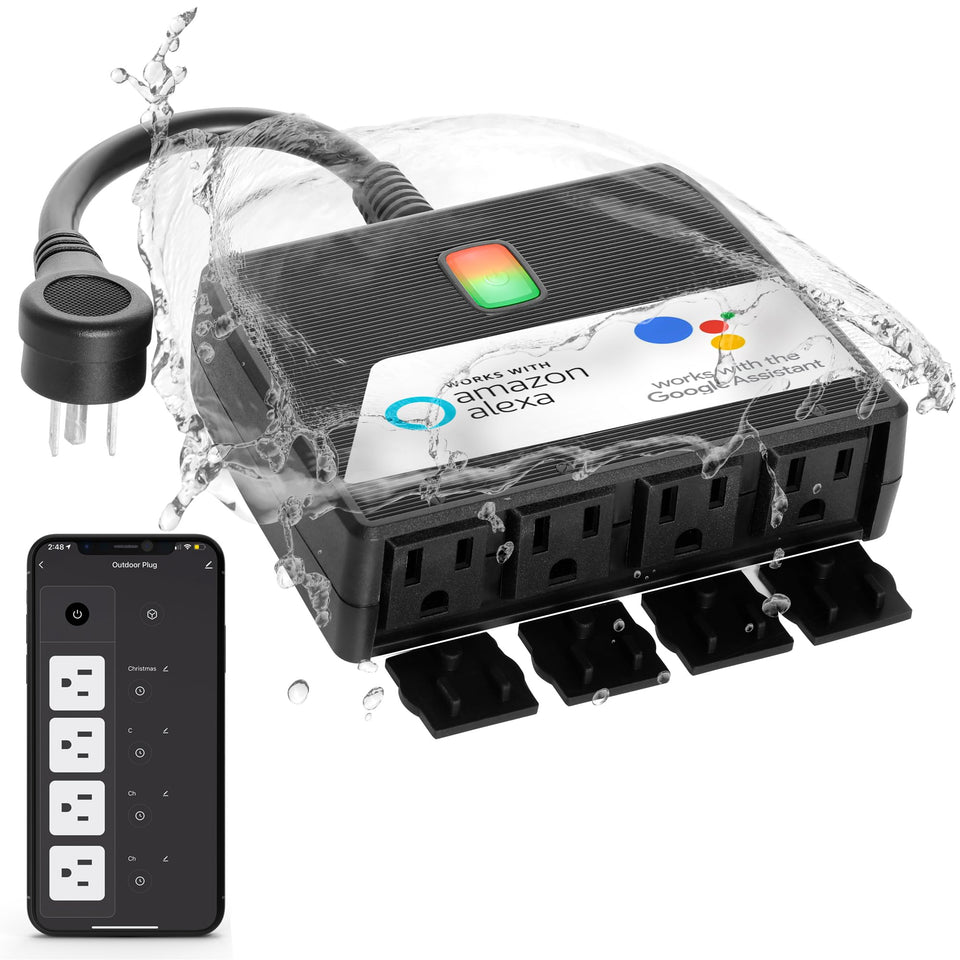 SNAP INVENT front view of four-socket outdoor strip showing durable outlets and cord, for reliable outdoor control