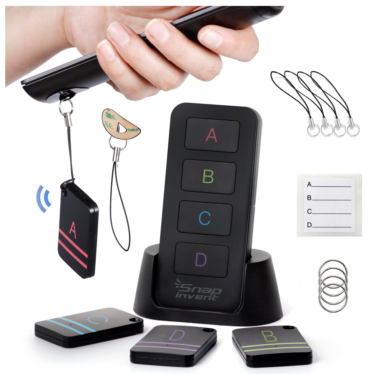 SNAP INVENT key finder receiver attachment helps locate your TV remote quickly and other items.