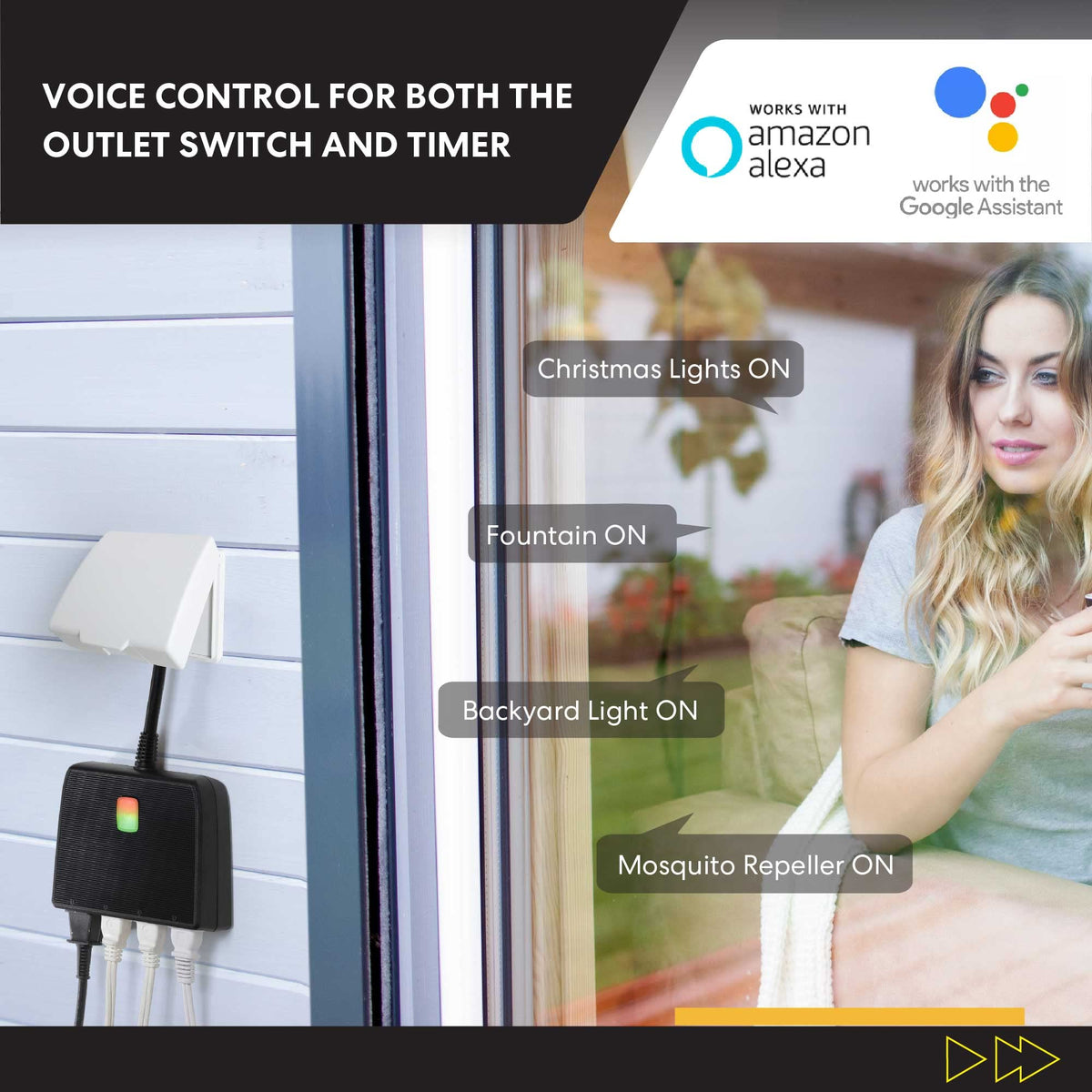 SNAP INVENT lifestyle view on a backyard patio at dusk demonstrating voice and remote control convenience
