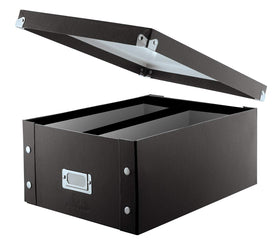 Snap-N-Store CD storage box fits 165 discs in sleeves.