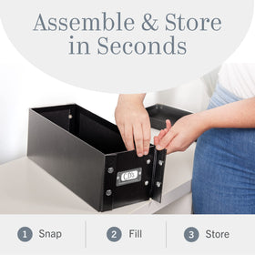 Snap-N-Store CD storage box stackable design saves shelf space.