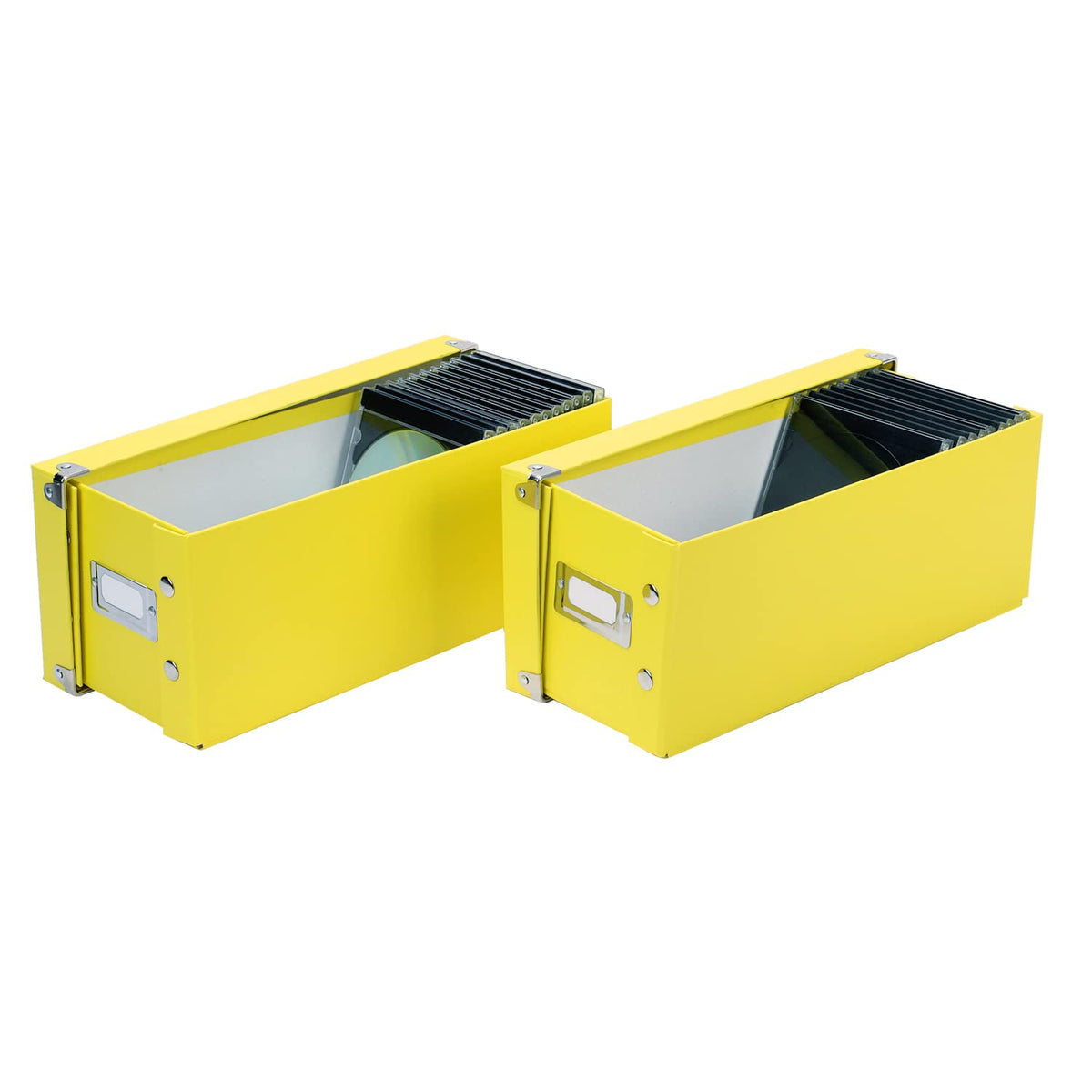 Snap-N-Store front view of yellow box showing lid and label slot for quick identification