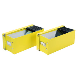 Snap-N-Store front view of yellow box showing lid and label slot for quick identification