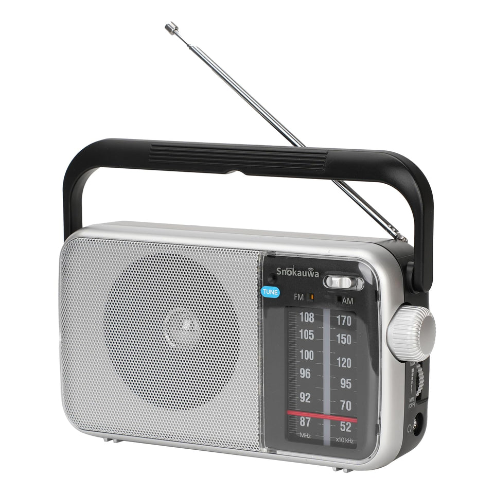 Snokauwa AM FM radio front view showing compact design and built-in speaker for home listening