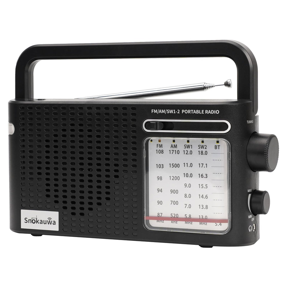 Snokauwa portable weather radio front view with large dial for easy tuning