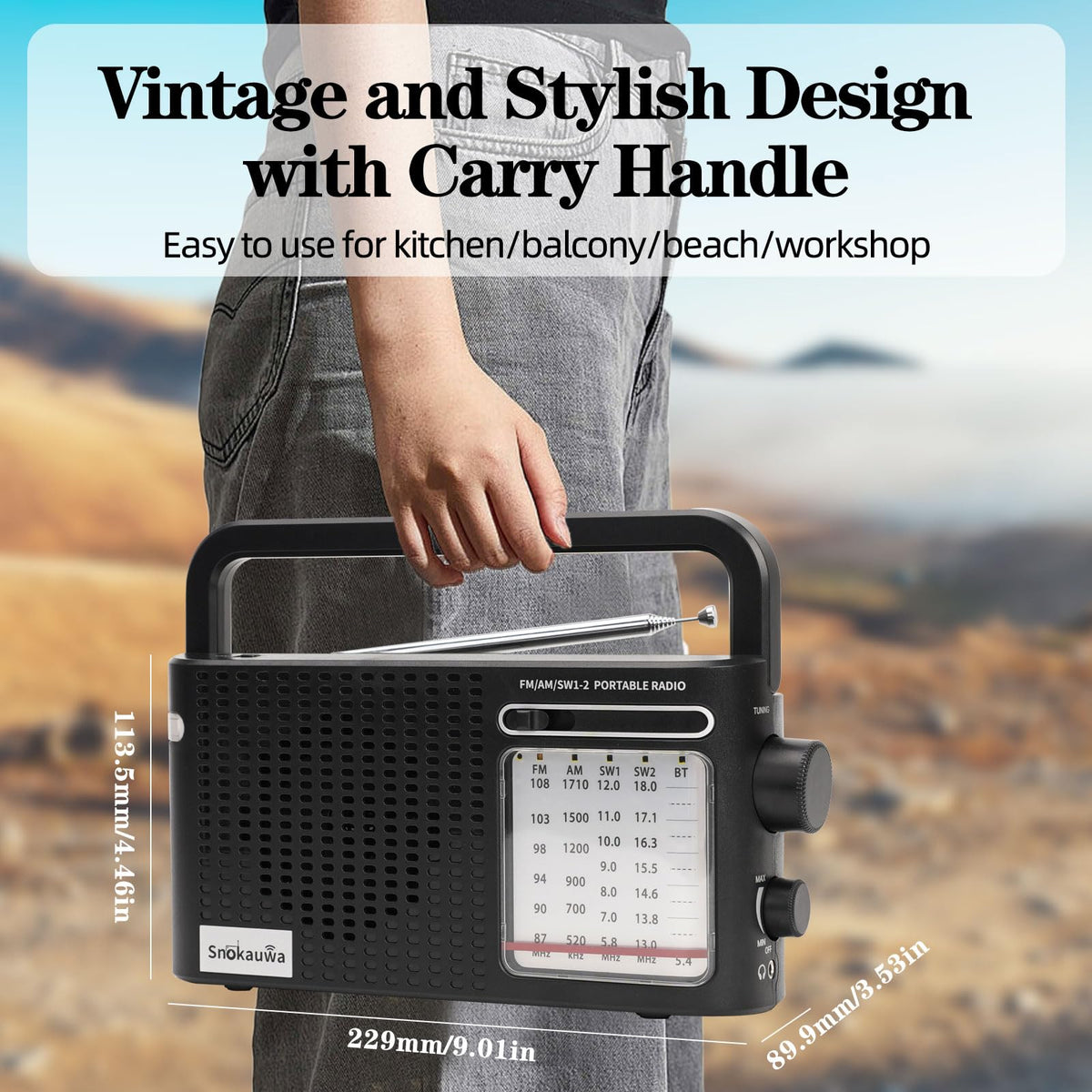 Snokauwa portable weather radio headphone jack for private listening on the go