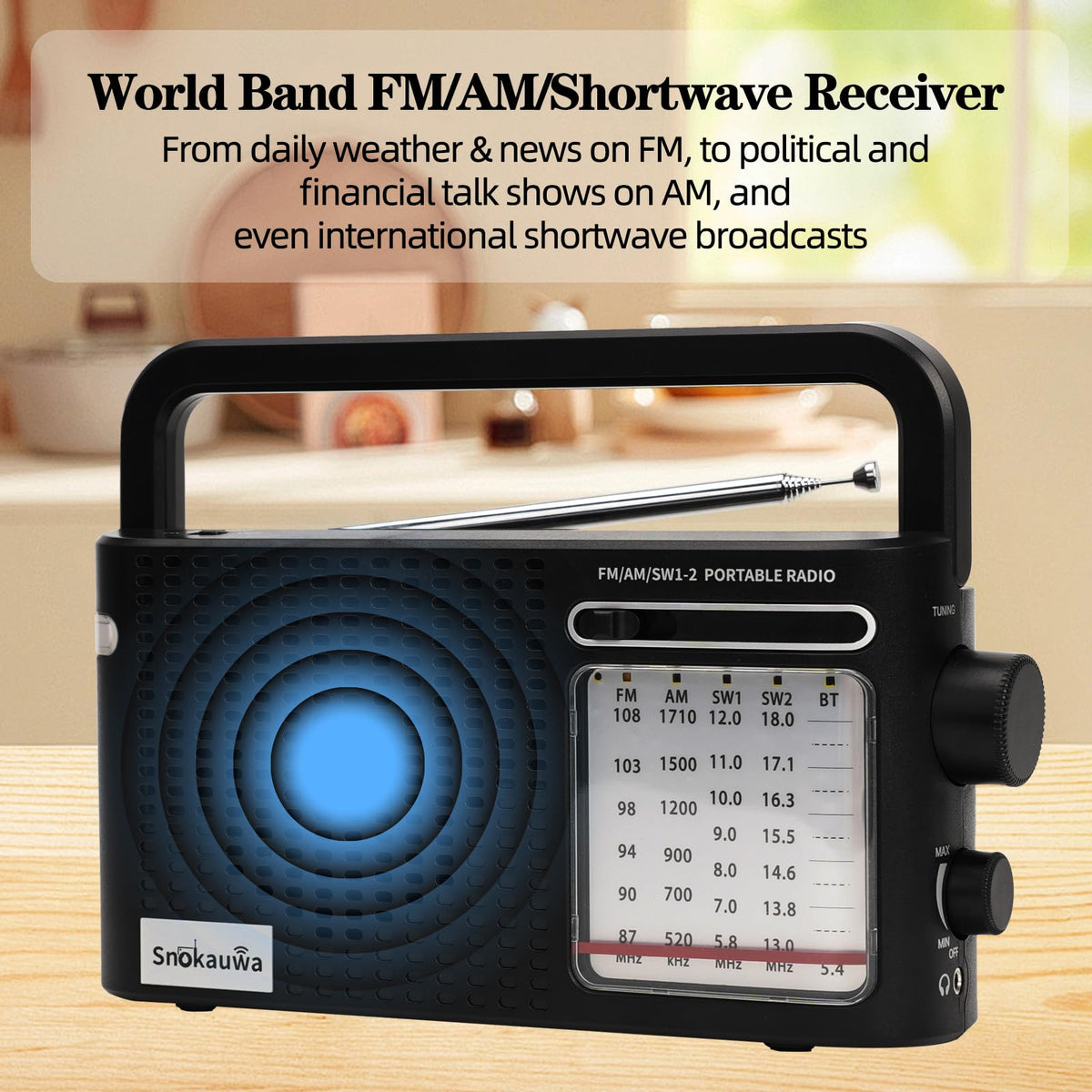 Snokauwa portable weather radio side control panel with grippy knobs for simple operation