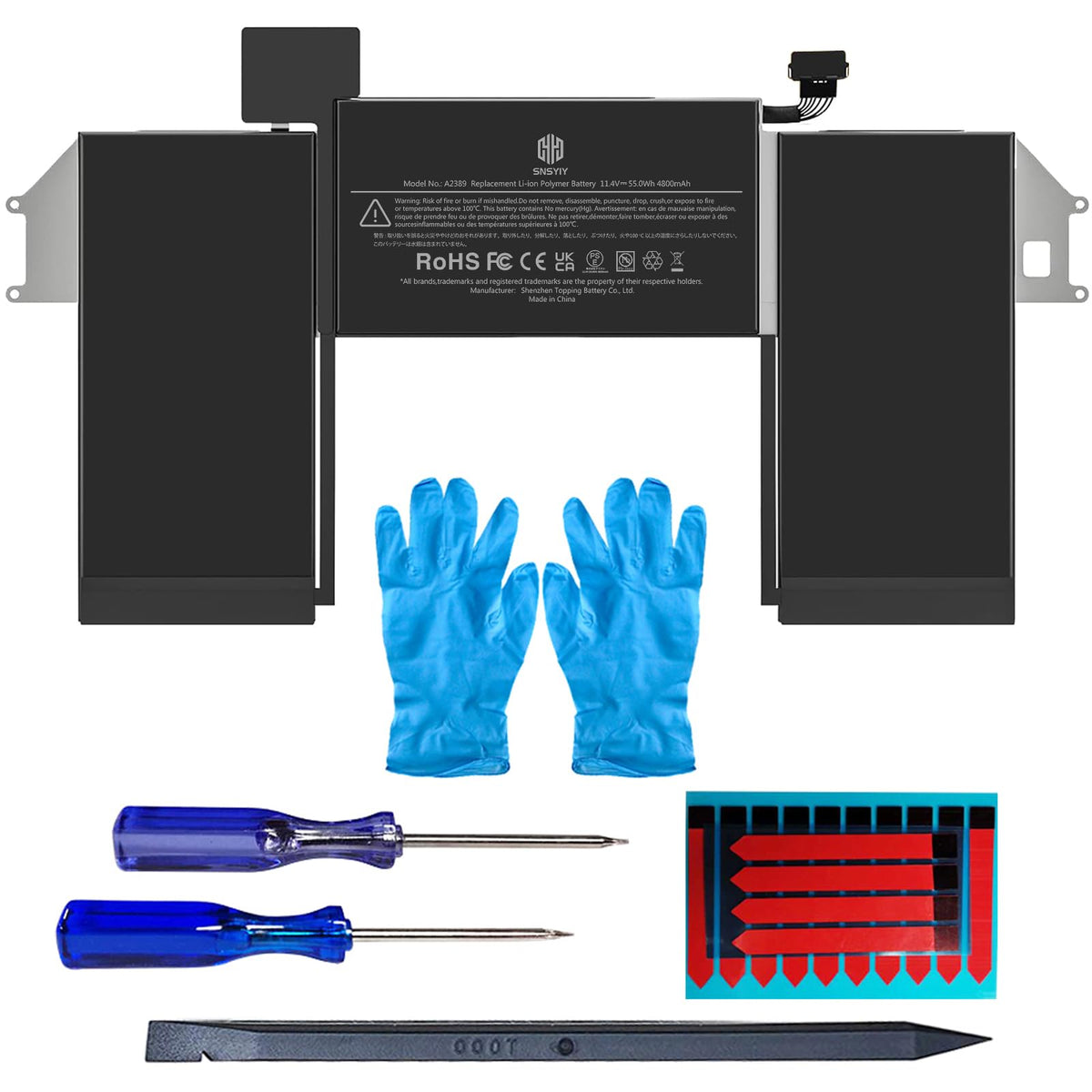 SNSYIY front view of A2389 battery showing connectors and fit benefit