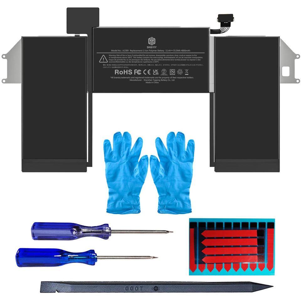 SNSYIY front view of A2389 battery showing connectors and fit benefit