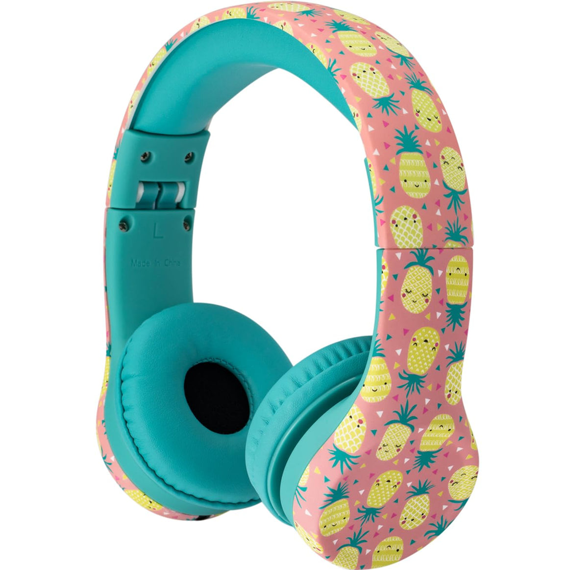 Snug Play+ headphones side view with pineapple design, ideal for shared listening.