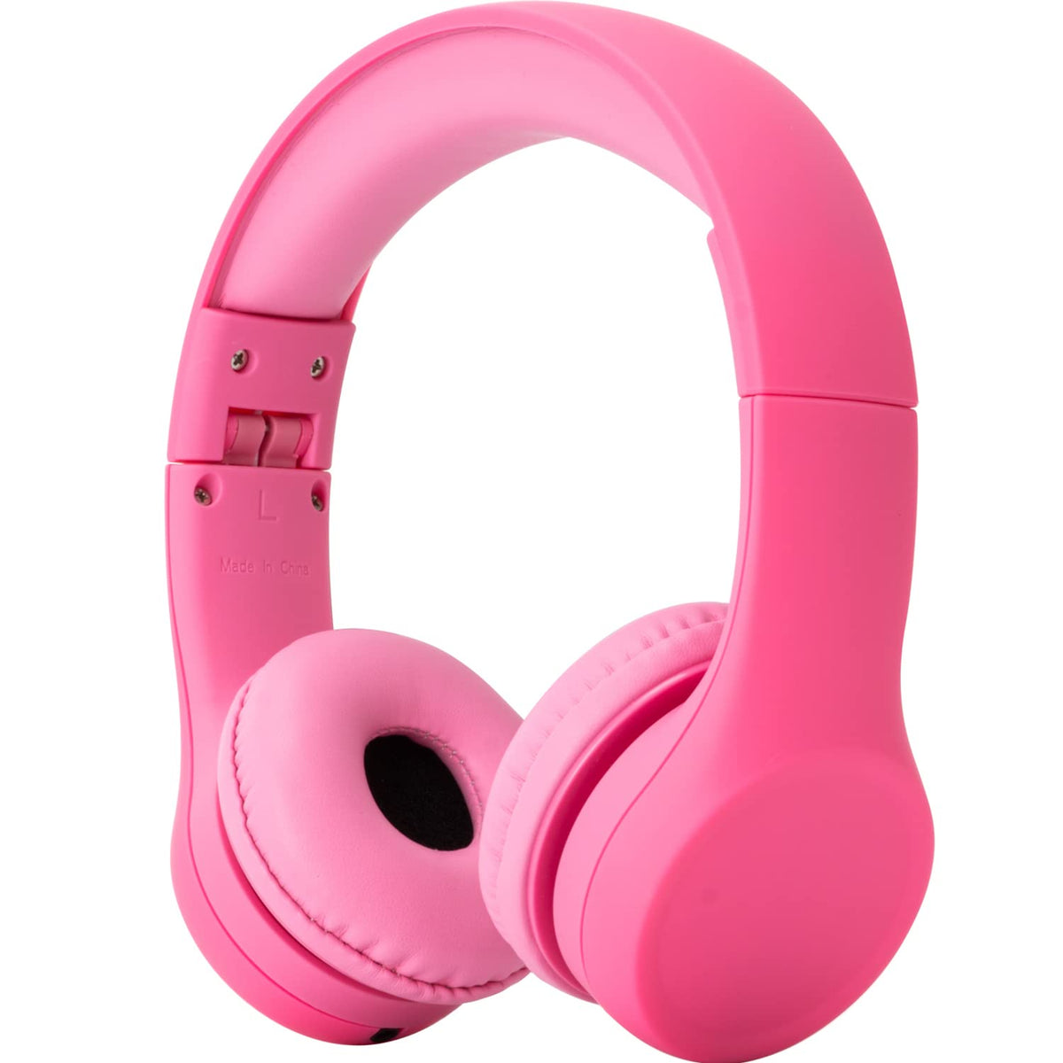 Snug Play+ pink kids headphones worn by a child for comfortable listening.