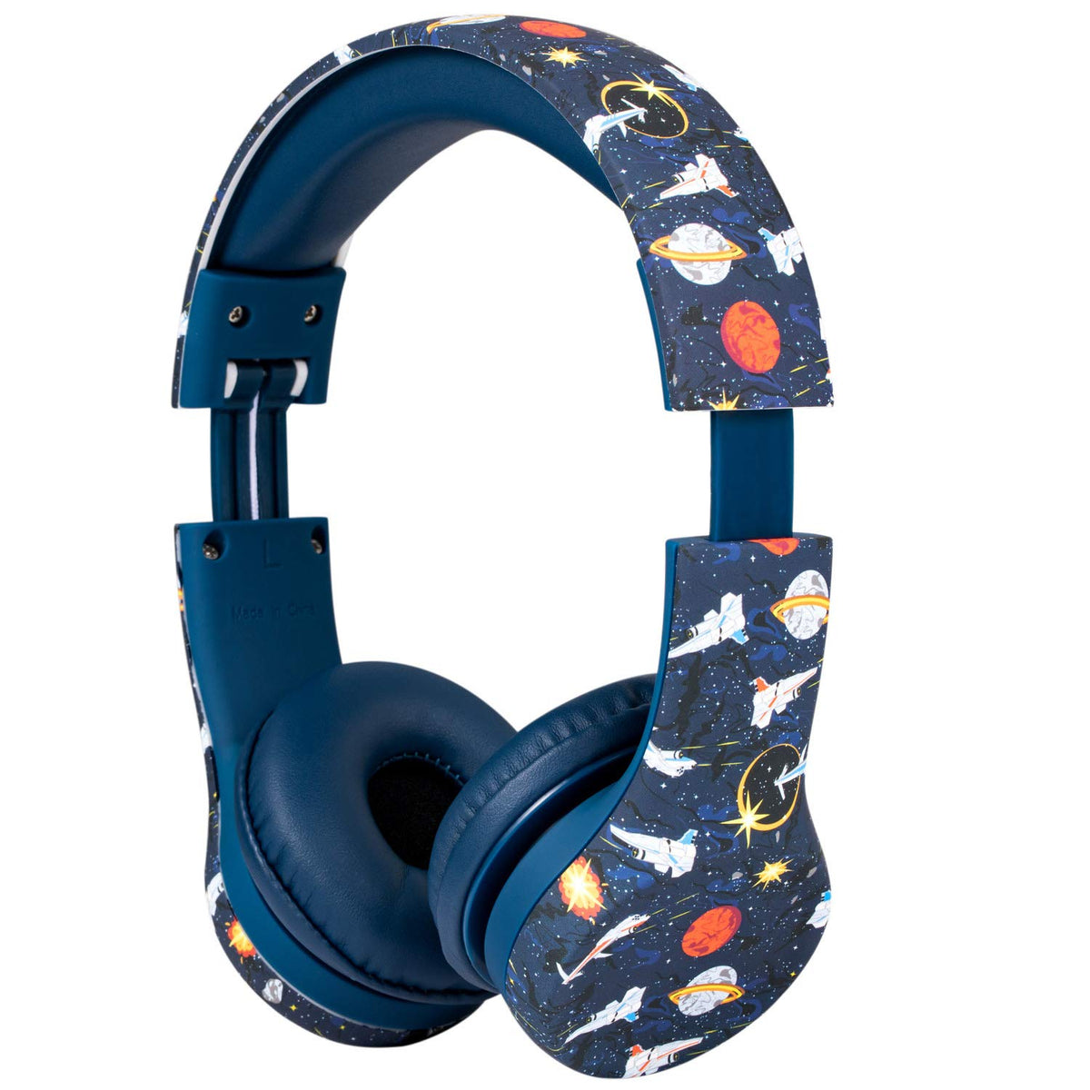 Snug Play+ Space headphones side view shows secure fit for active children on the move