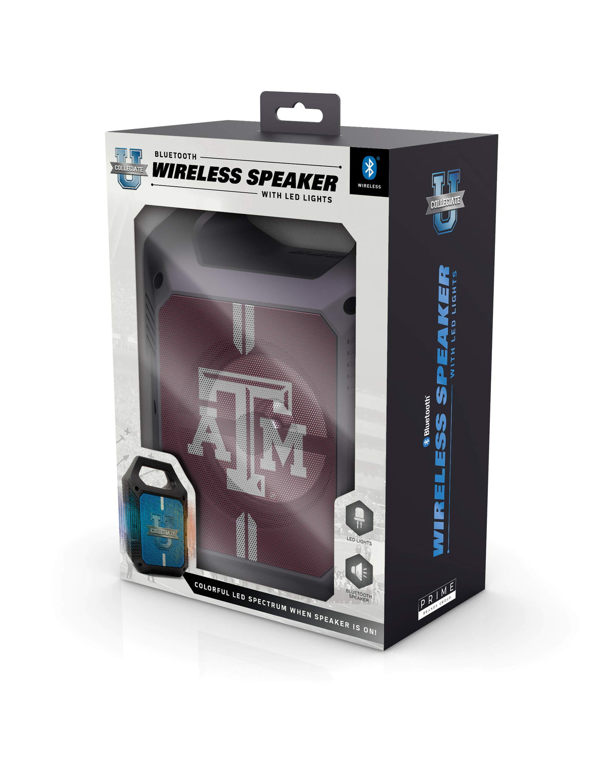 SOAR NCAA ShockBox XL LED Speaker supports Bluetooth, AM/FM, USB, and Aux for flexible playback.