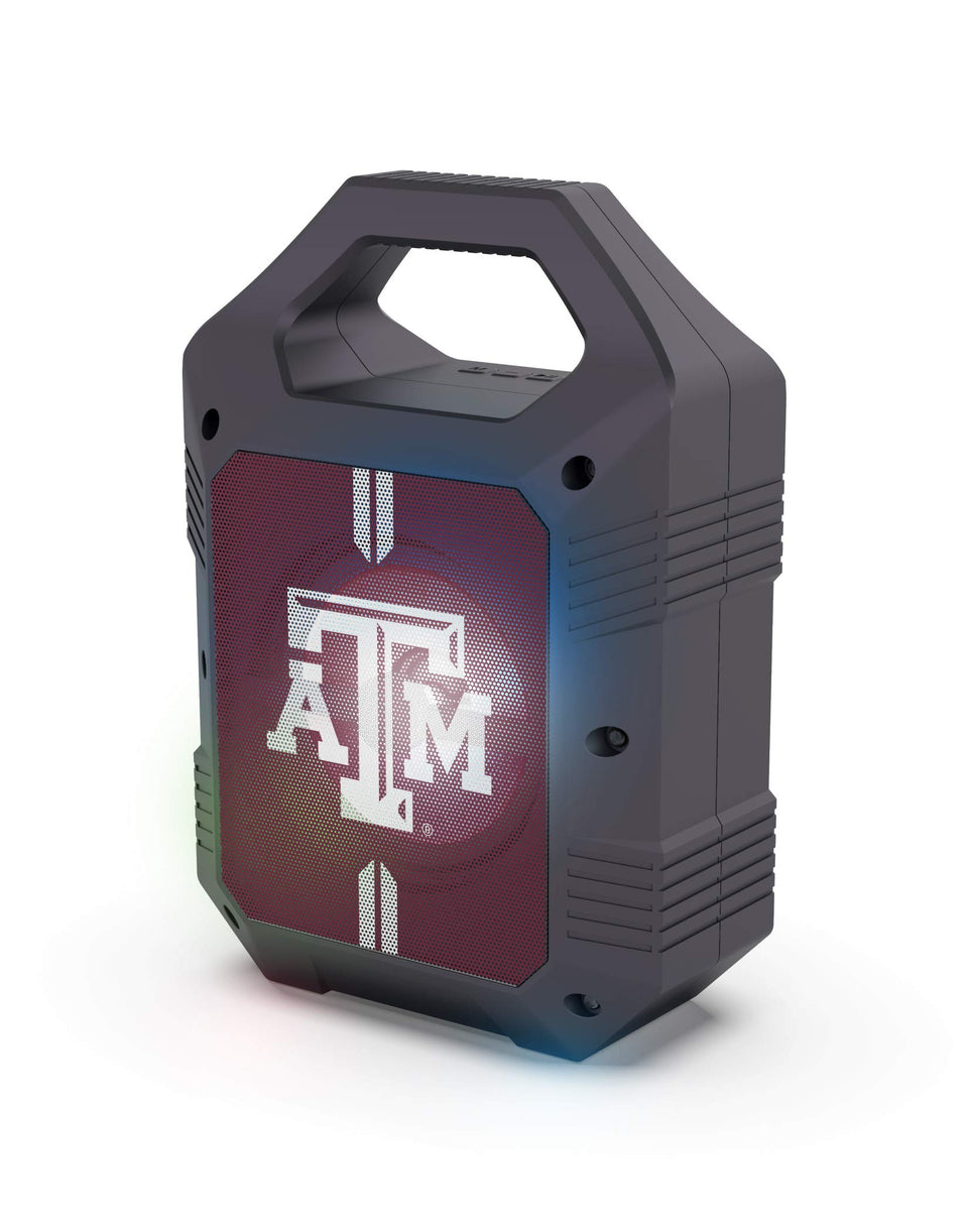 SOAR NCAA ShockBox XL LED Speaker with Texas A&M branding, portable design for tailgating.