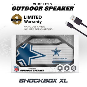 SOAR Oakland Raiders speaker rear ports and label showing included charging and warranty info