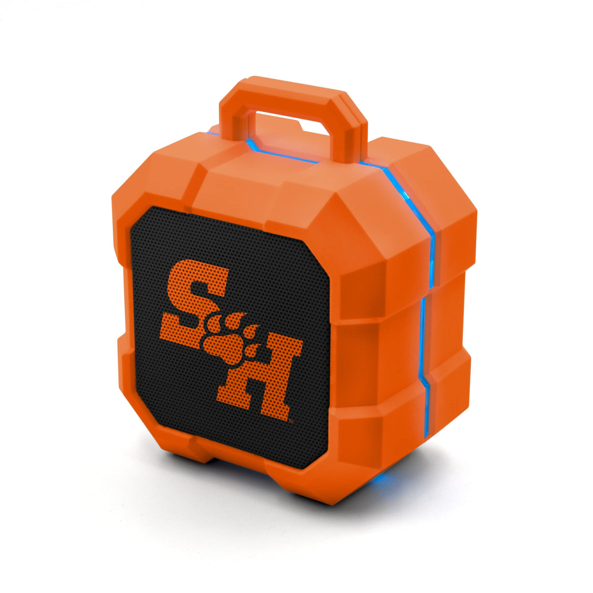 SOAR Shockbox front view showing Sam Houston State logo and portable design benefit