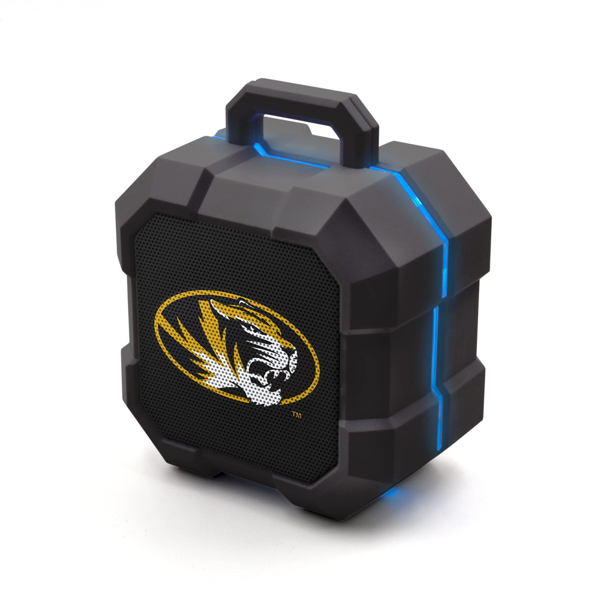 SOAR Shockbox front view showing Missouri Tigers logo and speaker grille for game-day pride