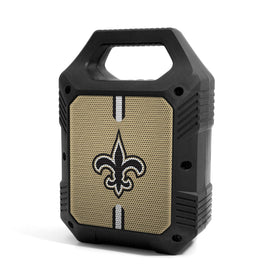 SOAR ShockBox XL front view showing New Orleans Saints logo and speaker grille, boosts team pride