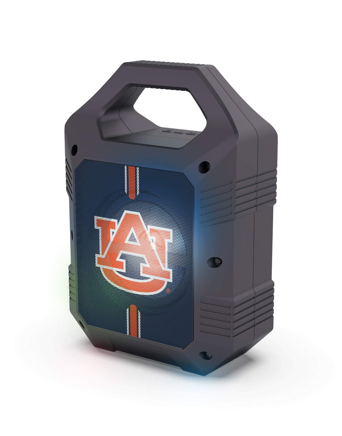 SOAR ShockBox XL front view showing Auburn Tigers logo and controls — portable team pride
