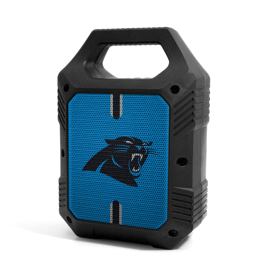 SOAR ShockBox XL front view showing Carolina Panthers logo and speaker grille, boosts team spirit