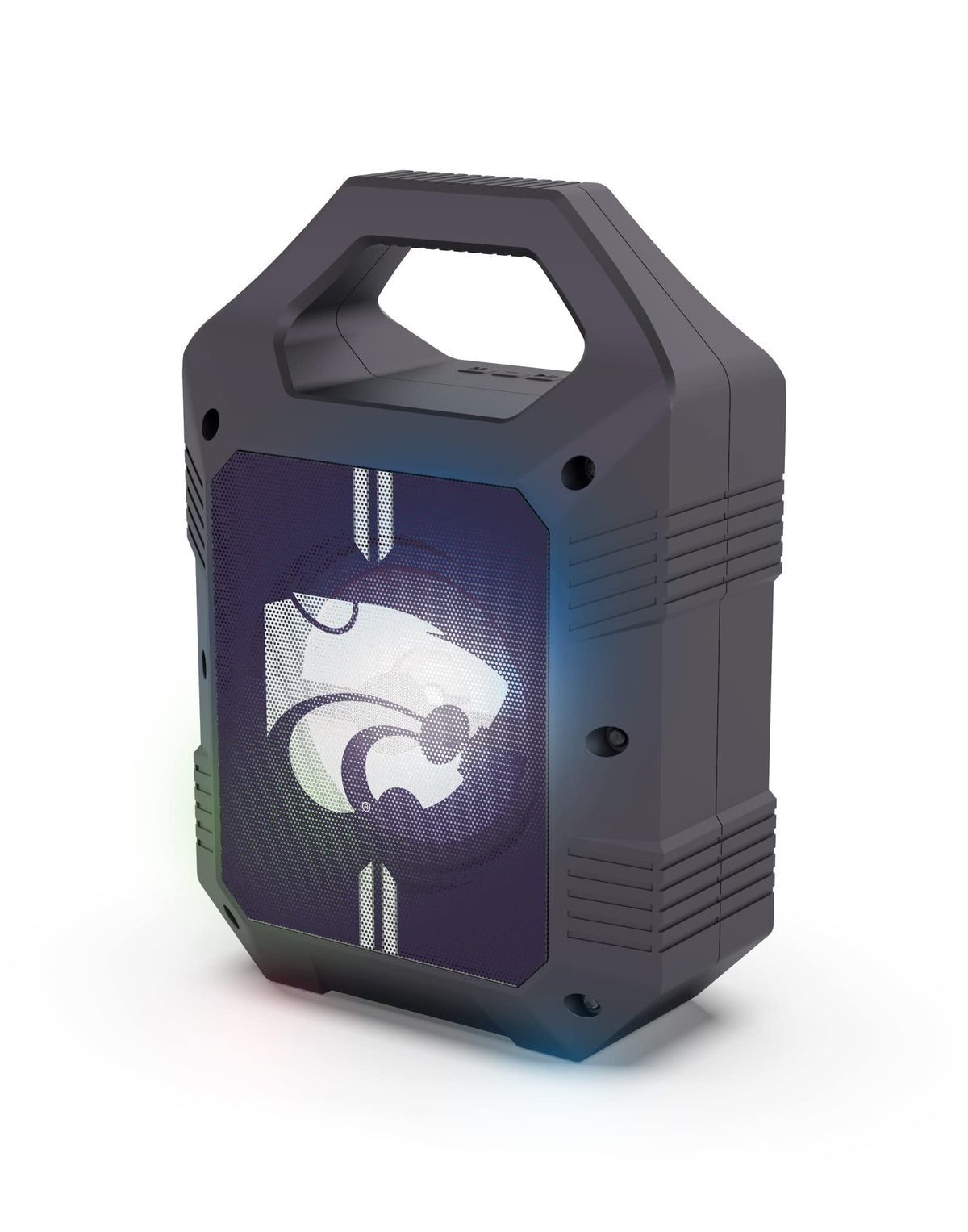 SOAR ShockBox XL front view showing Kansas State logo and portable handle, boosts game-day pride