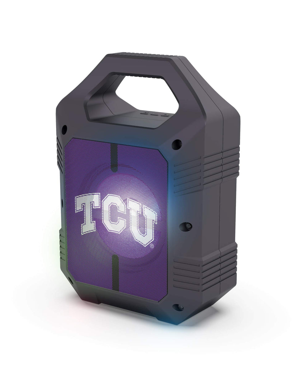 SOAR ShockBox XL front view with TCU logo showing team pride and portable design