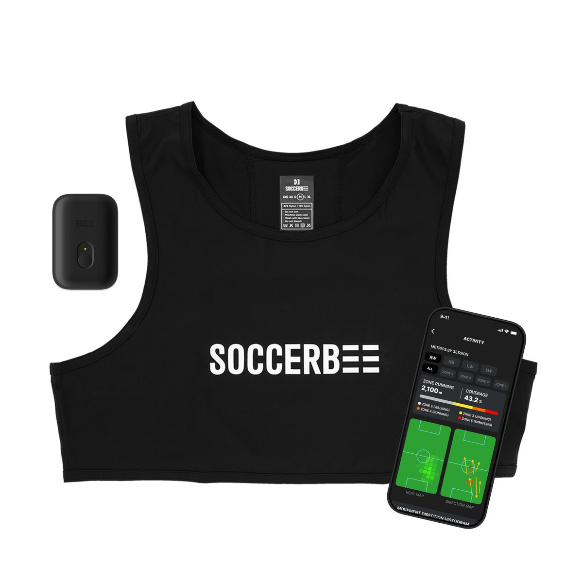 SOCCERBEE GPS tracker on vest for real-time distance and speed insights
