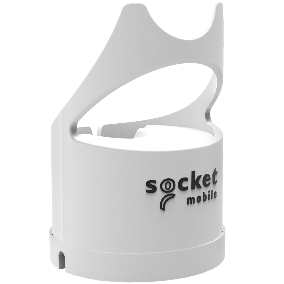 Socket Mobile charging dock front view showing clean white finish and compact design, improves organization