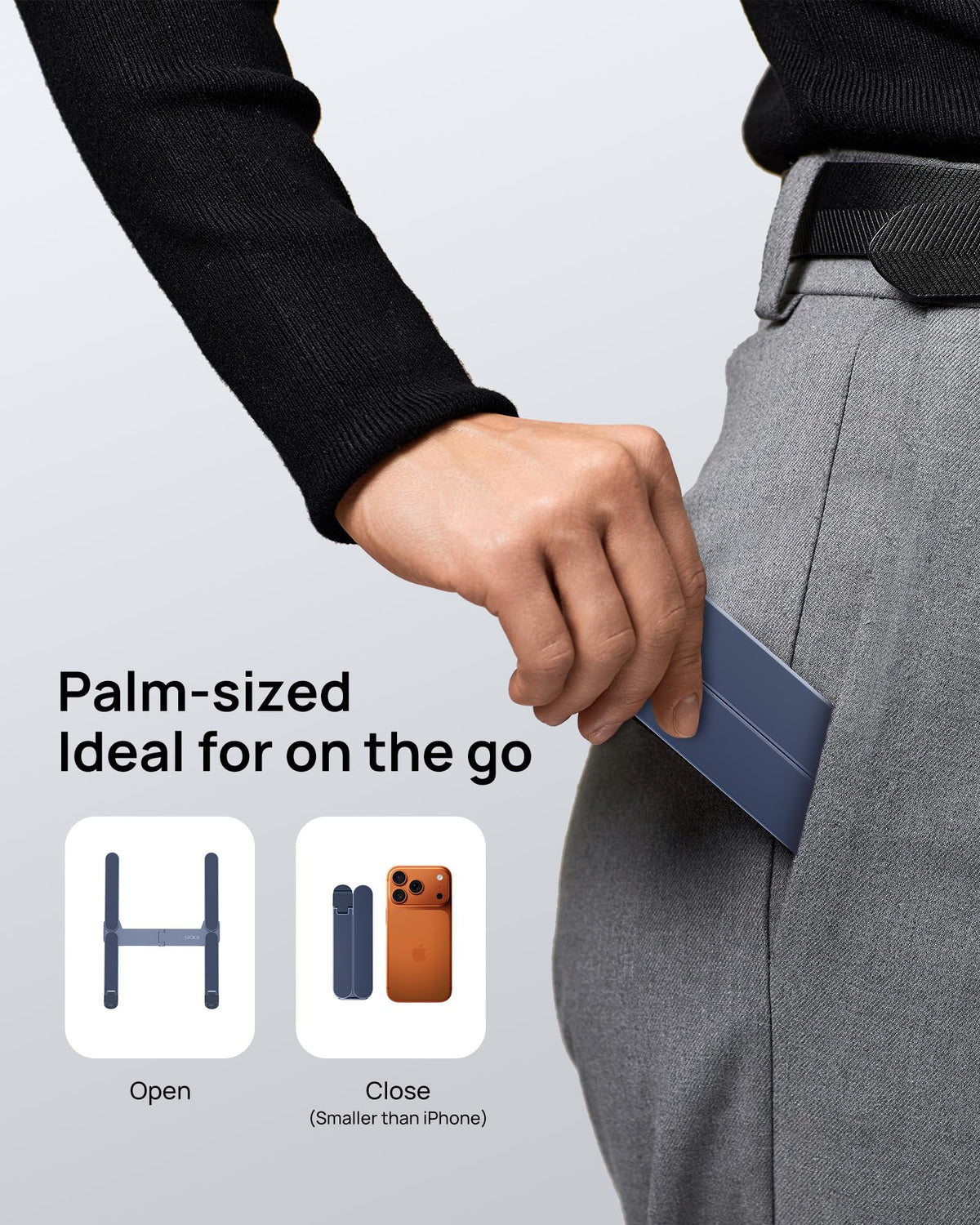 SODI blue foldable stand compact for travel and casual work.