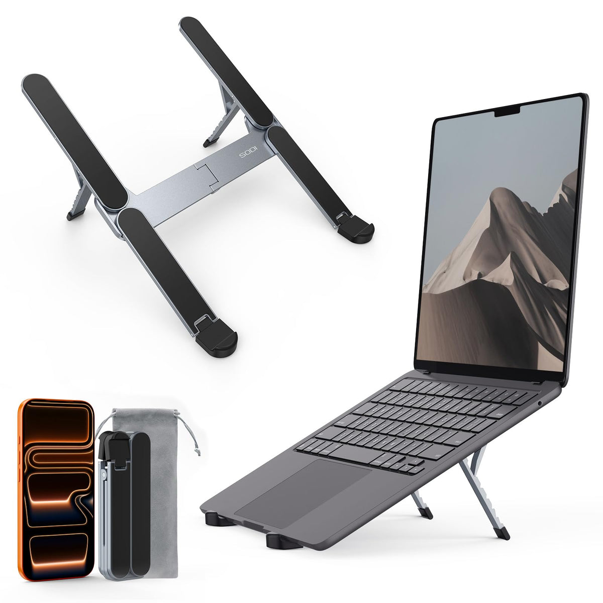 SODI ultra-compact foldable stand folded for ultra-portable travel use.