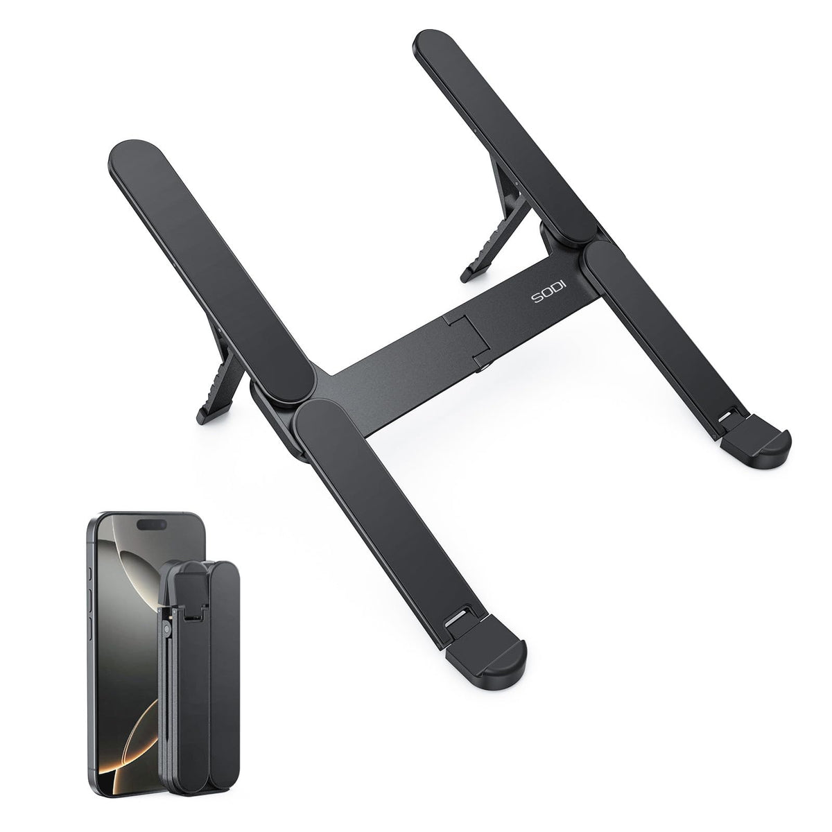 SODI ultra-compact foldable laptop stand open for portable desk setups