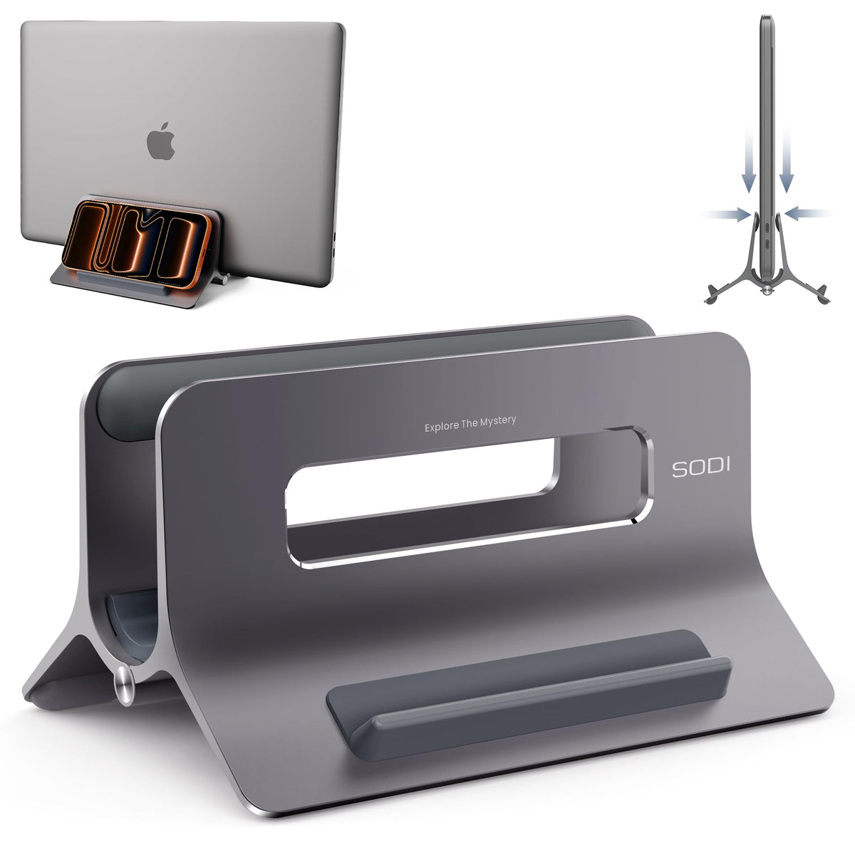 SODI vertical stand front view showing upright laptop storage and neat desk benefit