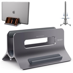 SODI vertical stand front view showing upright laptop storage and neat desk benefit
