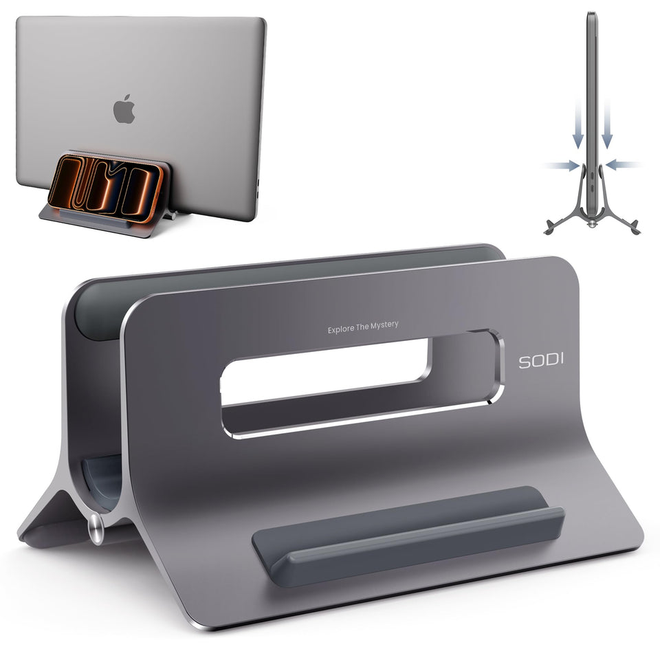SODI vertical stand front view showing upright laptop storage and neat desk benefit