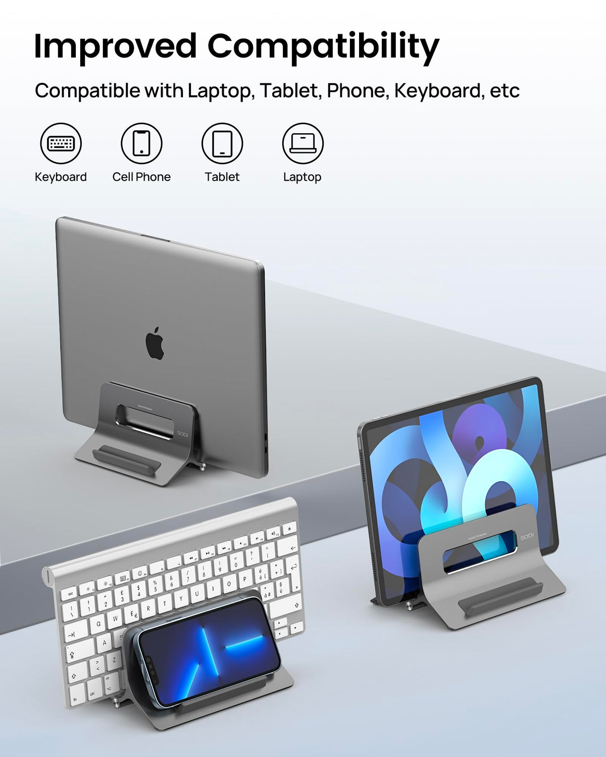 SODI organizing laptop tablet and phone together to maximize workspace