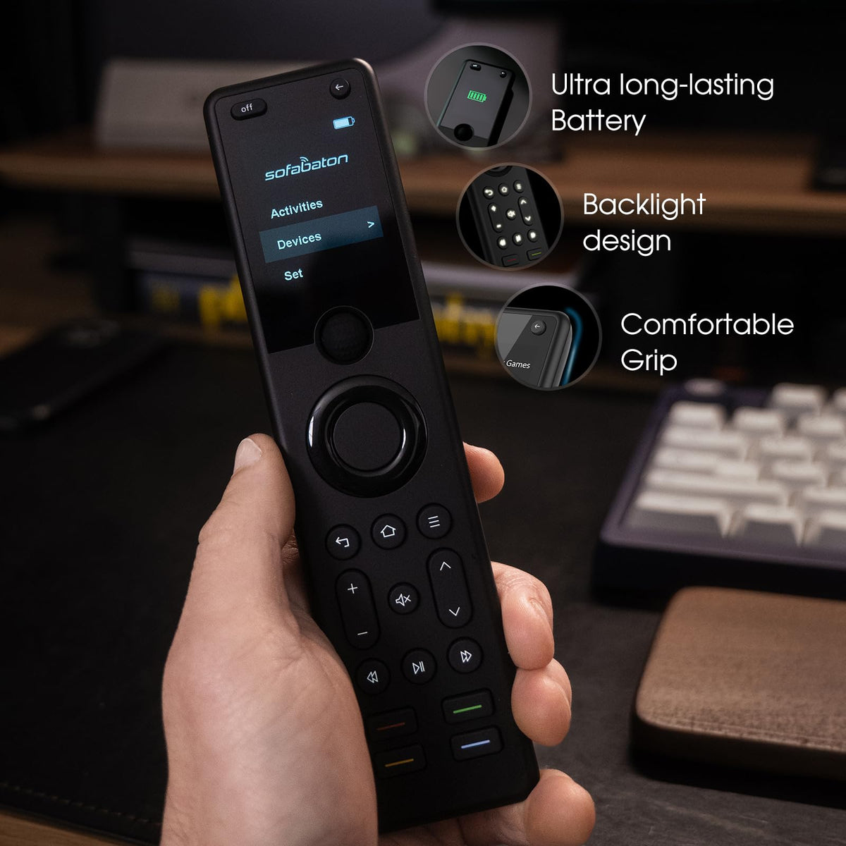SofaBaton X1S hub providing stable 360-degree control from the sofa.
