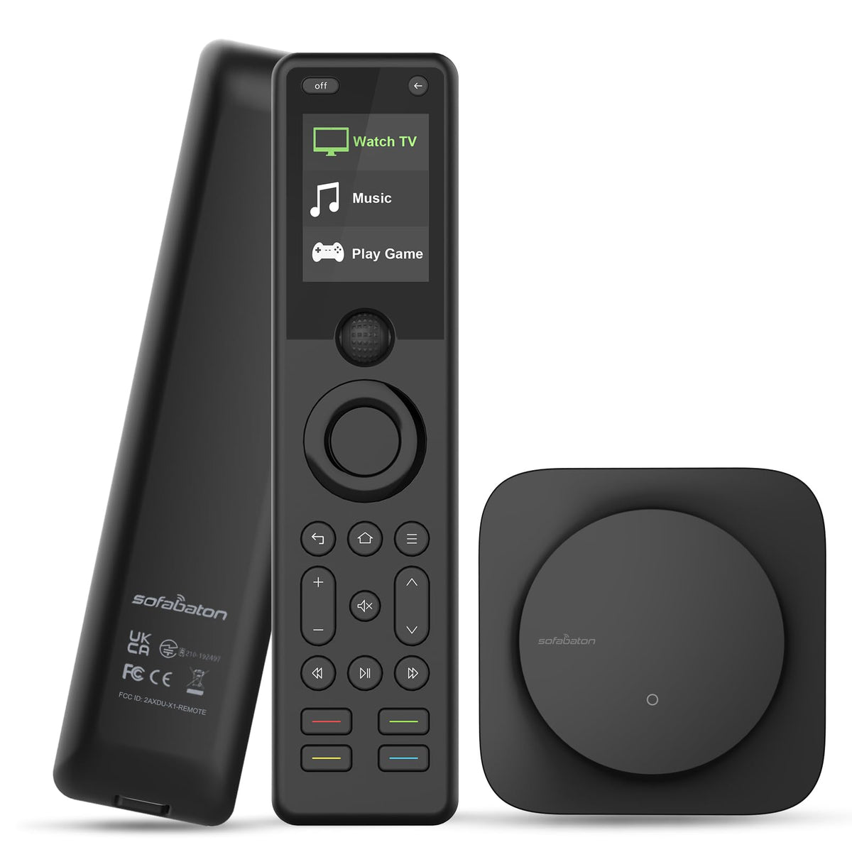 SofaBaton X1S remote assembly showing broad compatibility with TVs and AV gear