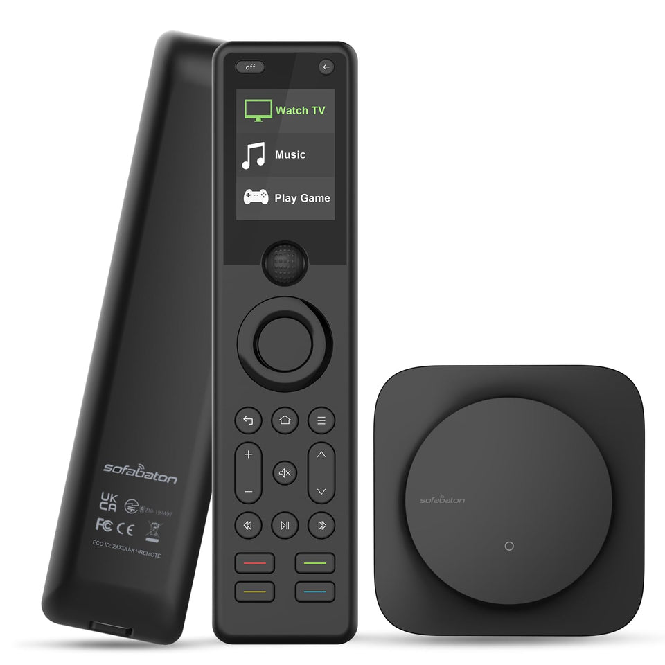 SofaBaton X1S remote assembly showing broad compatibility with TVs and AV gear