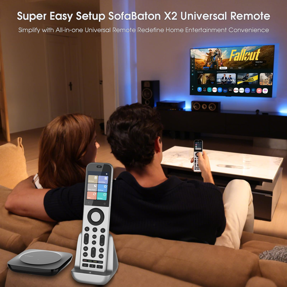 SofaBaton X2 charging dock keeps the remote ready for use.