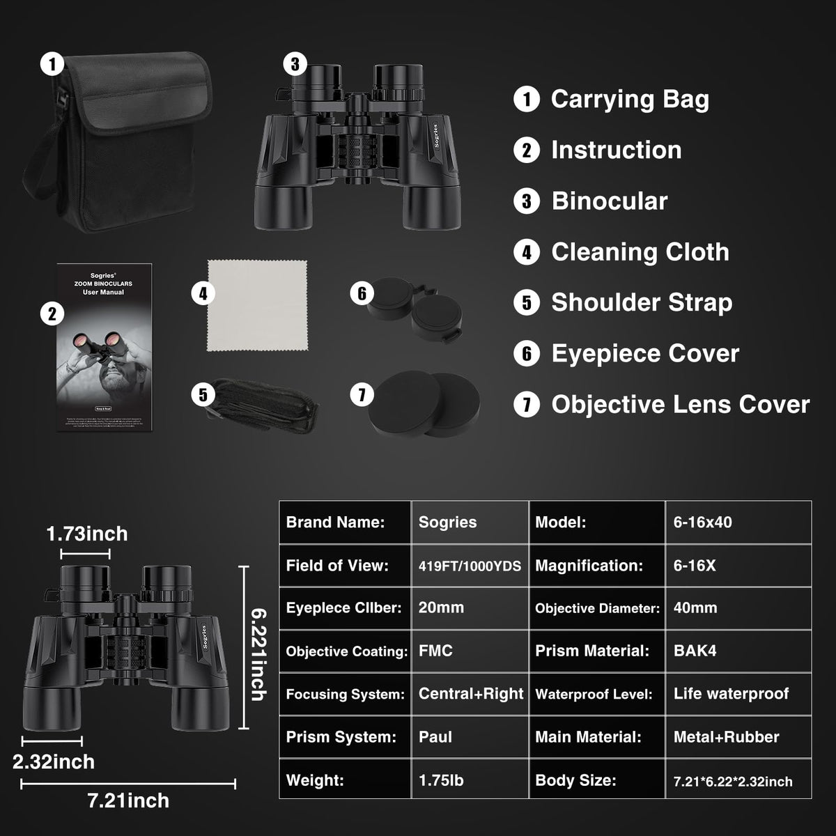 Sogries 12x50 binoculars large center focus wheel enables quick focus