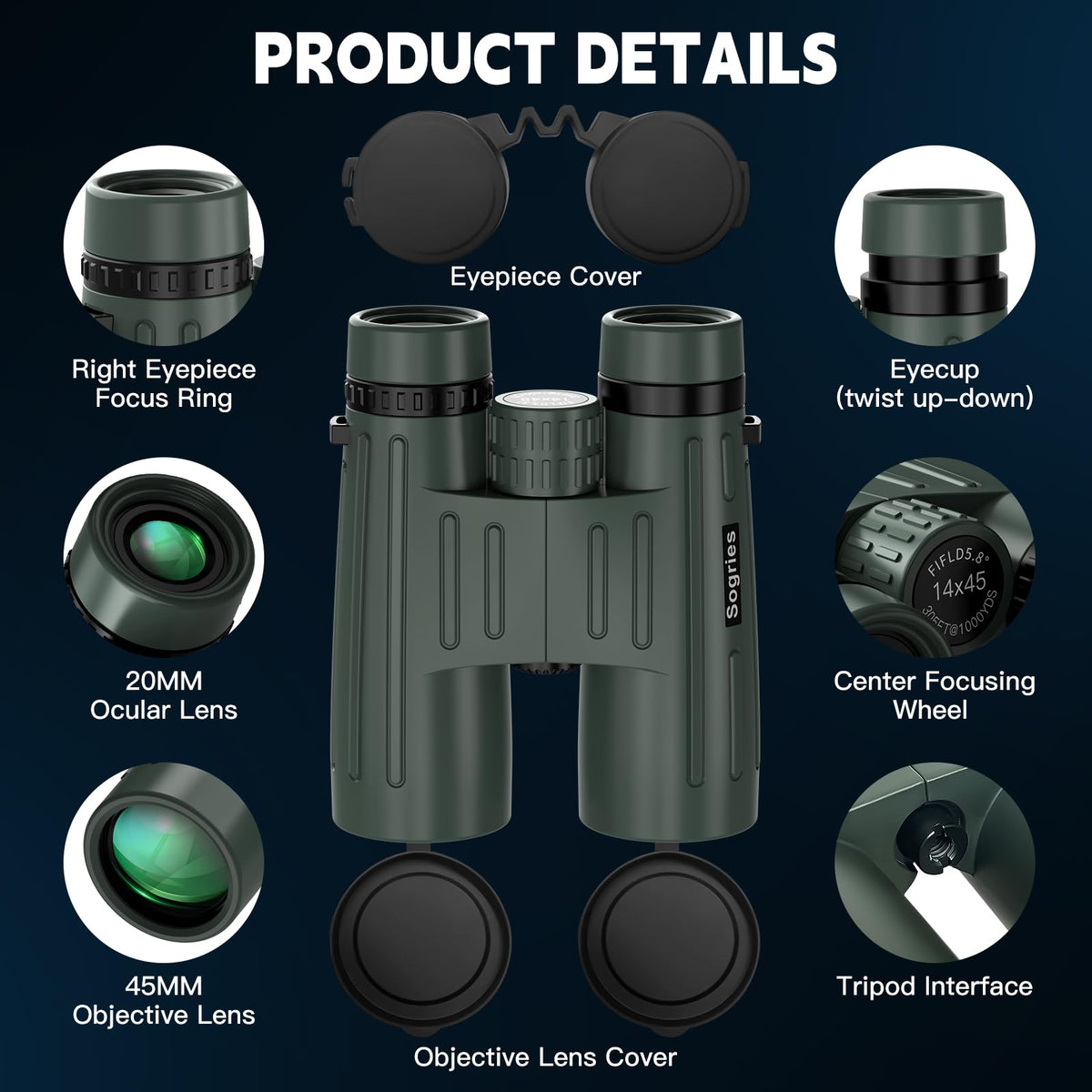 Sogries 14x45 binoculars with case and strap for travel and storage