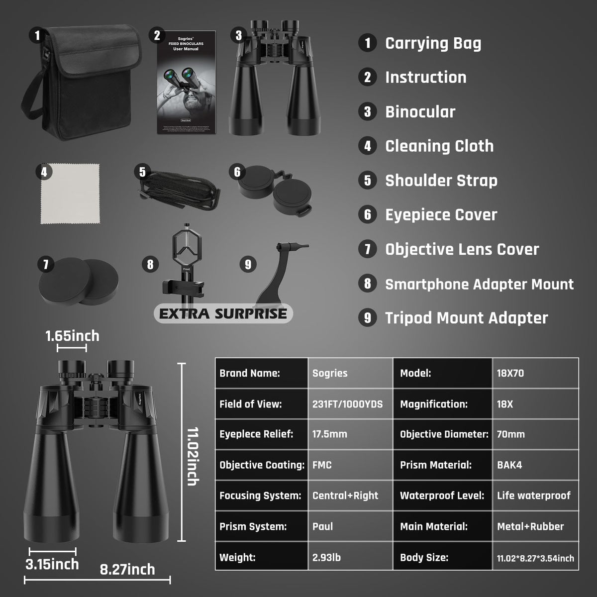 Sogries 18x70 binos rugged design for field use and comfort